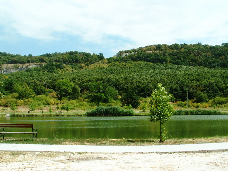Behind the small artificial lake stands the Zsigmond Rock