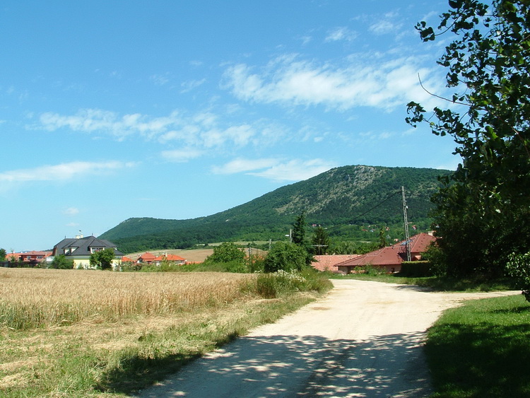 The Nagy-Kevély Mountain towers behind the houses of Pilisborosjenő