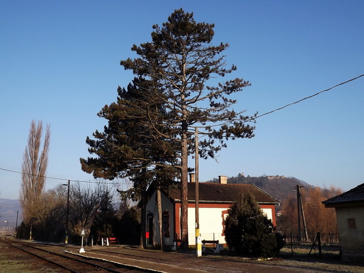A nógrádi vasútállomás háttérben a várral