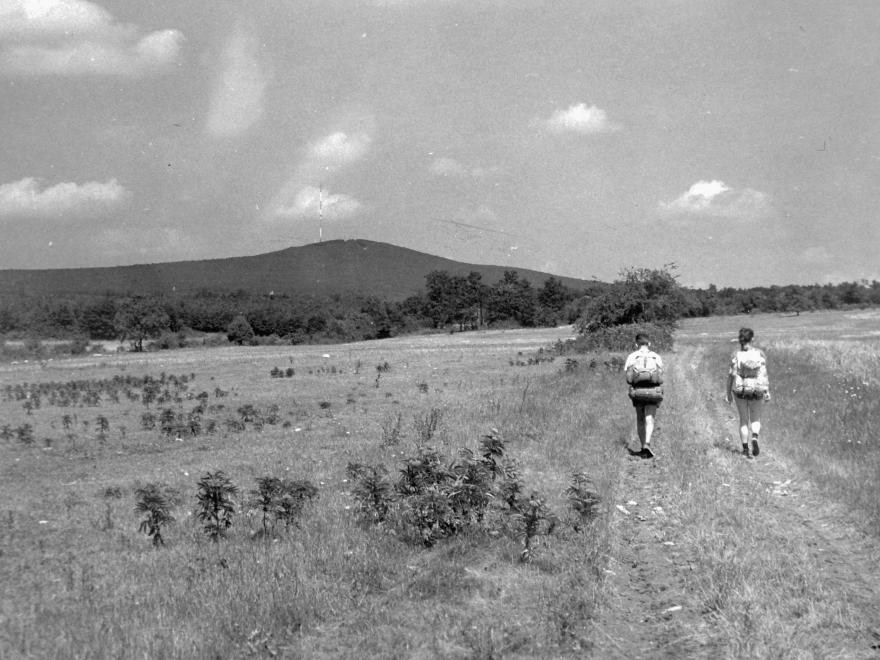 Blue Trail walker young couple at the foot of Kab-hegy Mountain in the early 70s of previous century