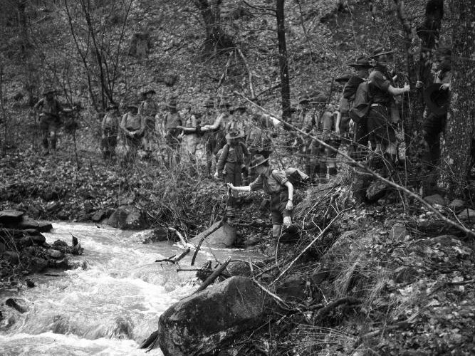 Scout team in the valley of Gaja Brook in the Bakony Mountains in the late 30s of previous century
