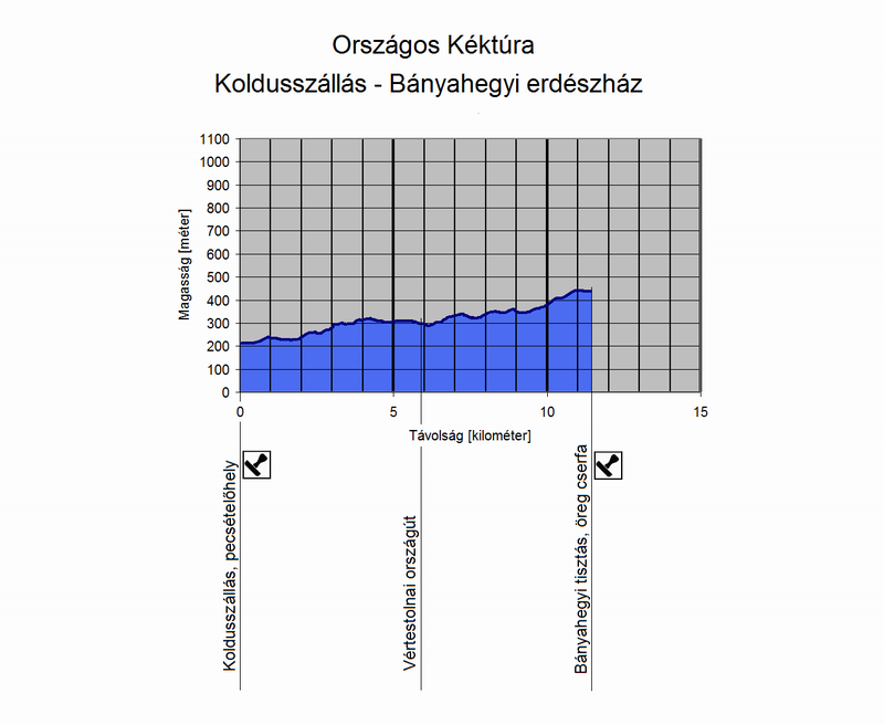 A Koldusszállás és a Bányahegyi erdészház közötti túraszakasz szintmetszete