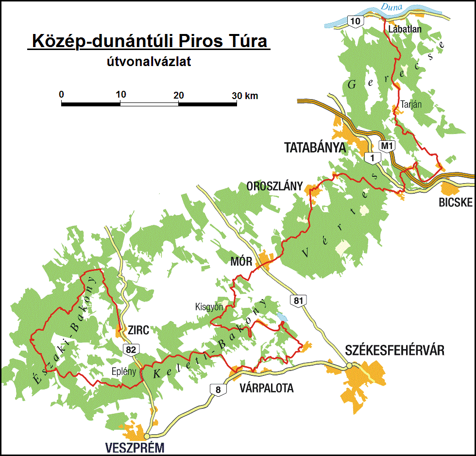 A Közép-dunántúli Piros túra útvonaltérképe