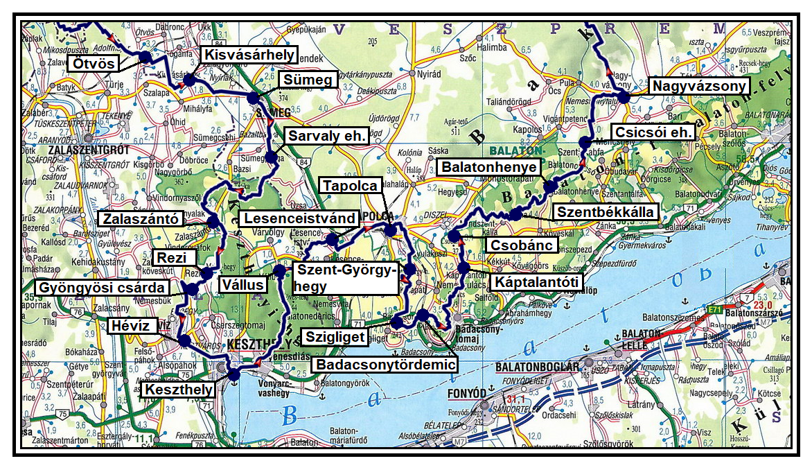 Az Országos Kéktúra útvonala a Balaton-felvidéken