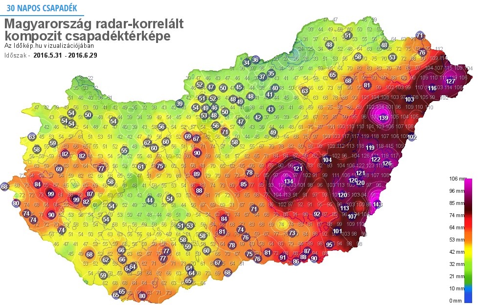 A kép a júniusban leesett esőt mutatja Magyarországon