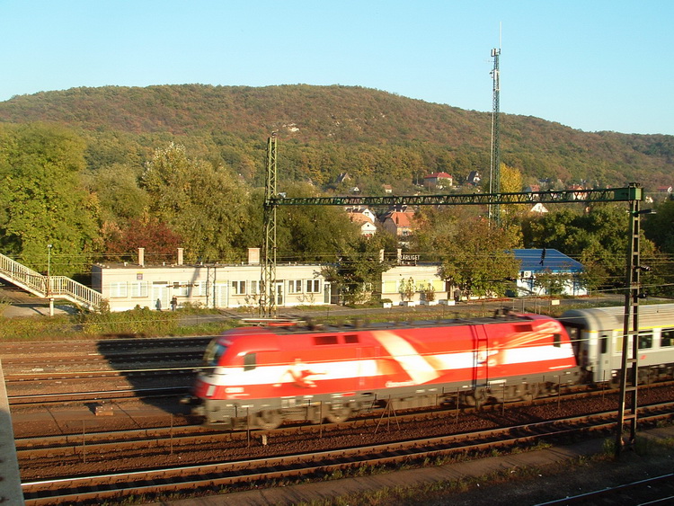 On the pedestrian bridge over the platforms at the railway station of Szárliget. We have to climb that ridge in the background.