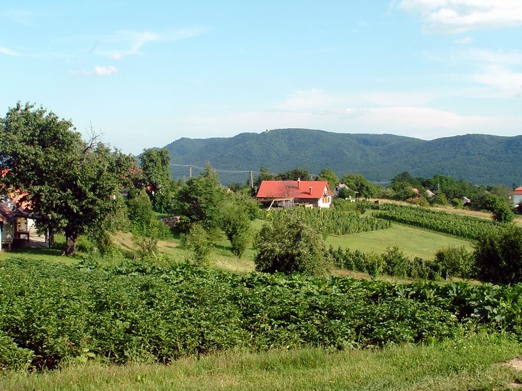 Megérkezés Zalaszántóra. A háttérben lévő hegy tetején Rezi vára is látható.