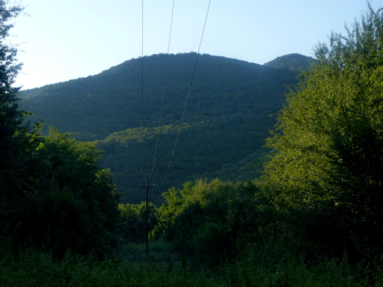 Kilátás a távvezeték nyiladákából a Borz-hegy és a jobbra mögötte álló Kecske-hát felé