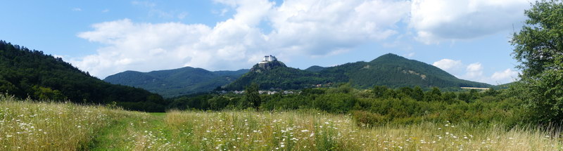 Panoramic view from the stone cross to Castle of Füzér and the Nagy-Milic Mountain