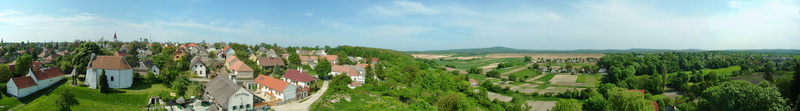 Panoramic view from the dwelling tower of Castle of Vázsonykő to the village and its environs